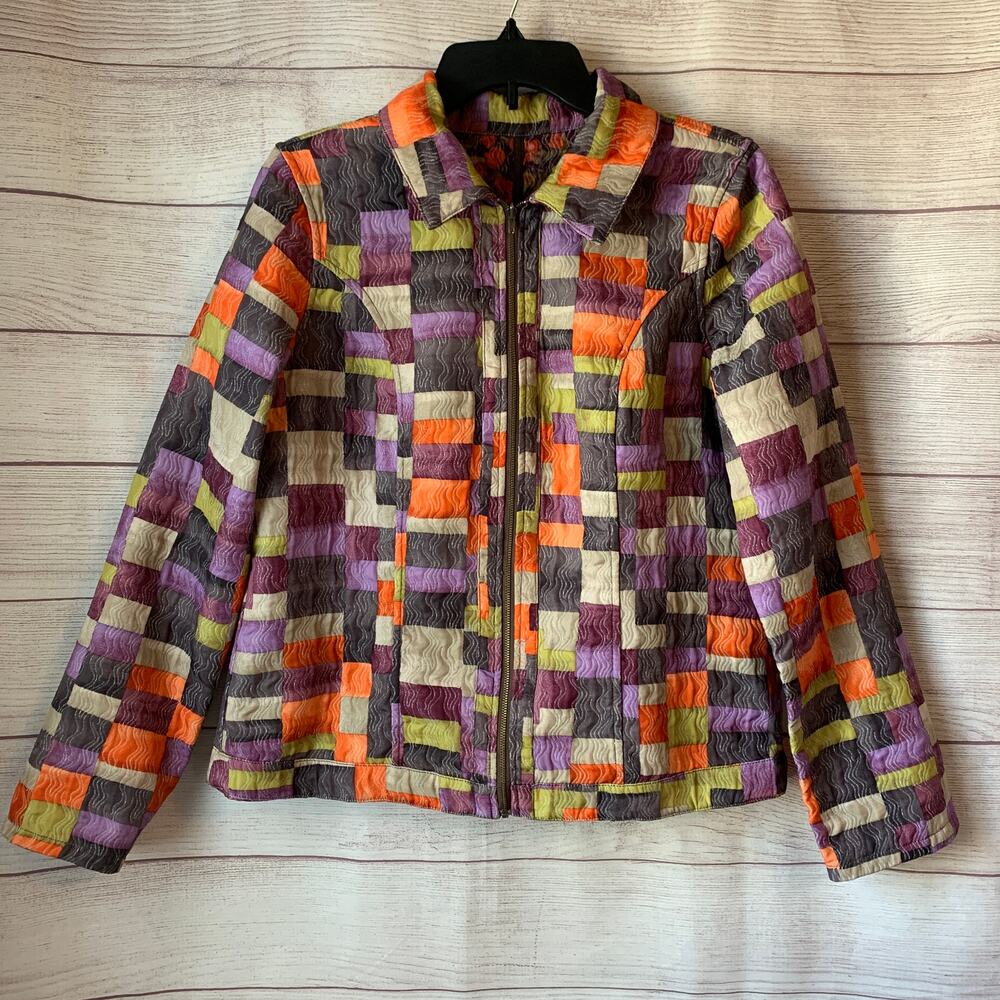 Reversible Multicolor Full Zip Jacket Patchwork Colorblock Quilt and Floral Side